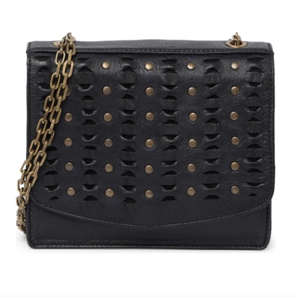 Frye Handbags - NEW! Frye Jade Gold Studded Shoulder Bag Black Leather Chain Strap Weave Trim